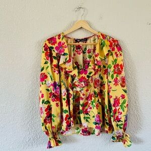 Zara yellow pink floral ruffle blouse long sleeve M bold print
